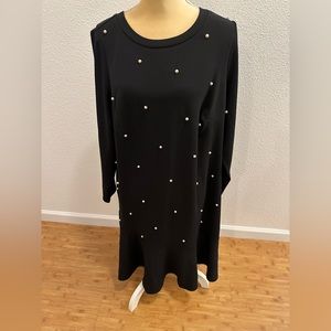 Women’s long sleeve black dress with pearl accents. New w/o tags